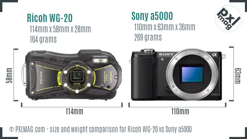 Ricoh WG-20 vs Sony a5000 size comparison