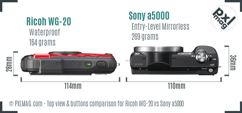 Ricoh WG-20 vs Sony a5000 top view buttons comparison