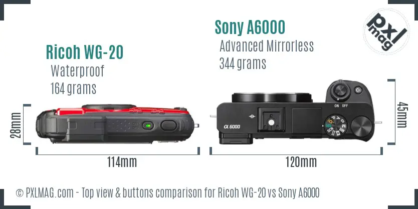 Ricoh WG-20 vs Sony A6000 top view buttons comparison