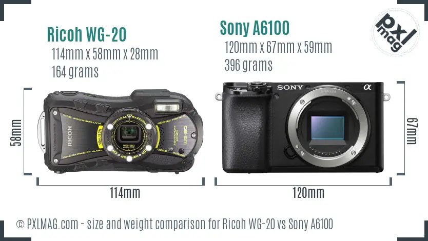 Ricoh WG-20 vs Sony A6100 size comparison