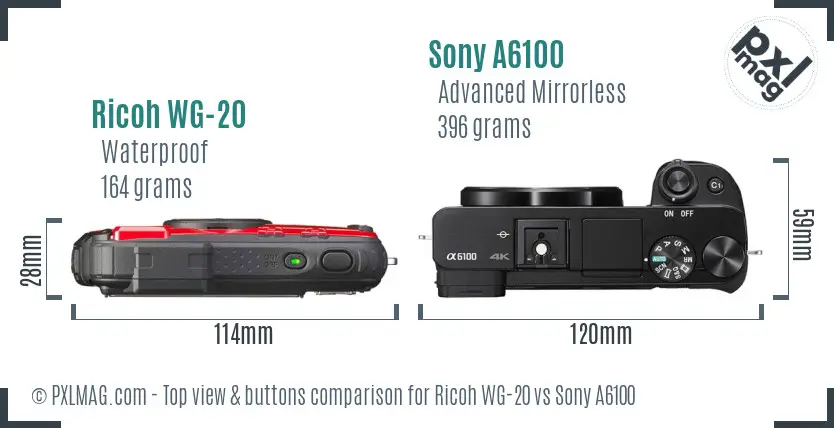 Ricoh WG-20 vs Sony A6100 top view buttons comparison