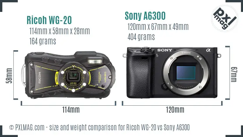 Ricoh WG-20 vs Sony A6300 size comparison