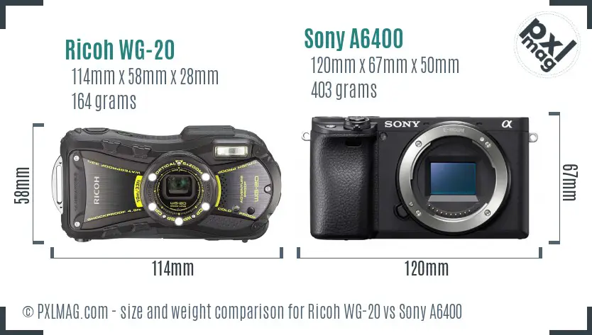 Ricoh WG-20 vs Sony A6400 size comparison