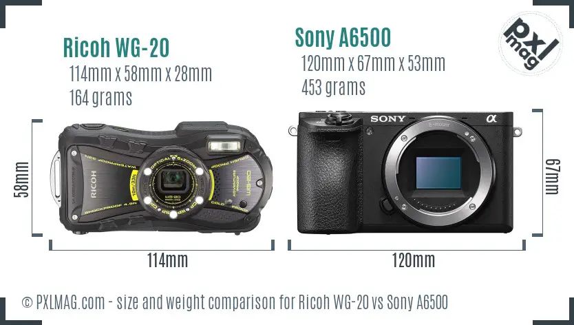 Ricoh WG-20 vs Sony A6500 size comparison