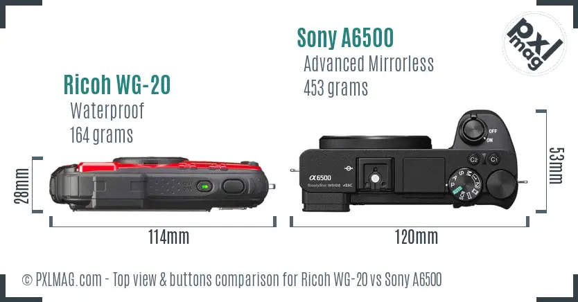 Ricoh WG-20 vs Sony A6500 top view buttons comparison