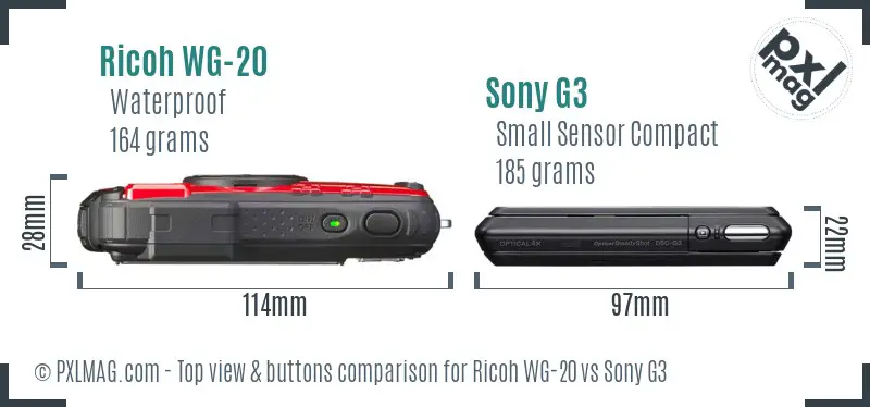 Ricoh WG-20 vs Sony G3 top view buttons comparison Ricoh WG-20 vs Sony G3 top view buttons comparison