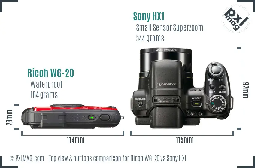 Ricoh WG-20 vs Sony HX1 top view buttons comparison Ricoh WG-20 vs Sony HX1 top view buttons comparison