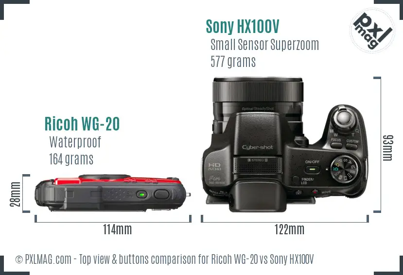 Ricoh WG-20 vs Sony HX100V top view buttons comparison Ricoh WG-20 vs Sony HX100V top view buttons comparison