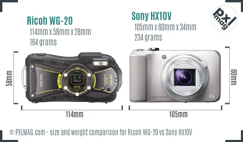 Ricoh WG-20 vs Sony HX10V size comparison