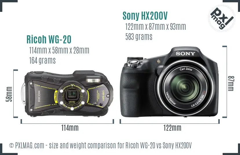 Ricoh WG-20 vs Sony HX200V size comparison