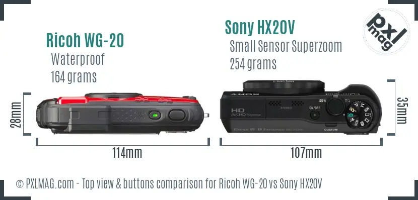 Ricoh WG-20 vs Sony HX20V top view buttons comparison Ricoh WG-20 vs Sony HX20V top view buttons comparison
