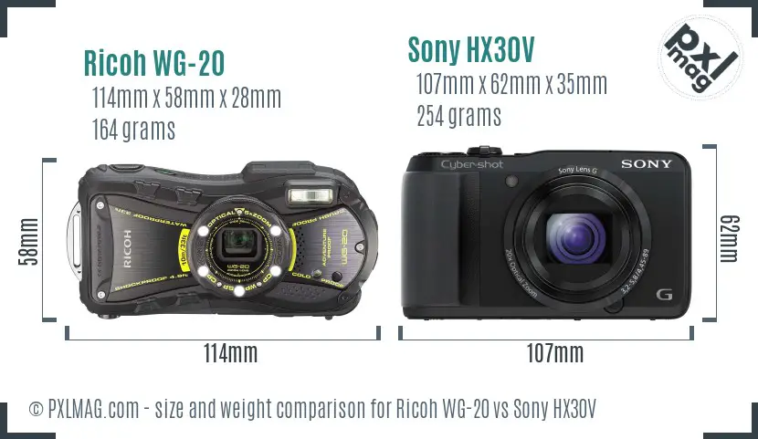 Ricoh WG-20 vs Sony HX30V size comparison