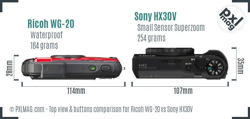 Ricoh WG-20 vs Sony HX30V top view buttons comparison