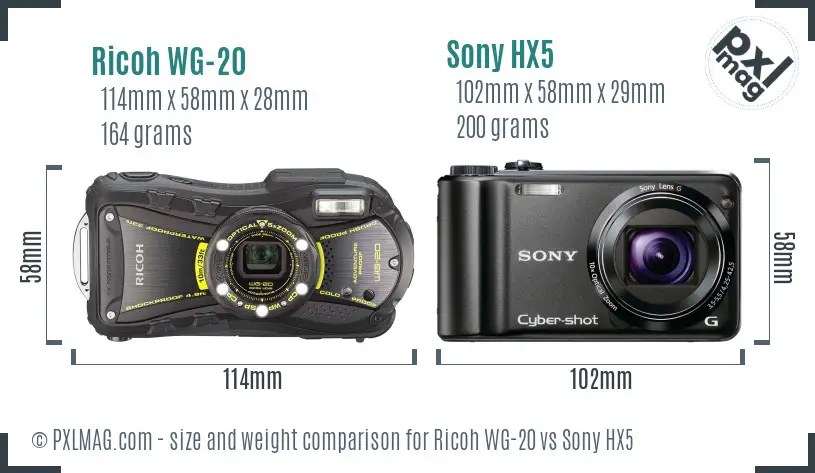 Ricoh WG-20 vs Sony HX5 size comparison