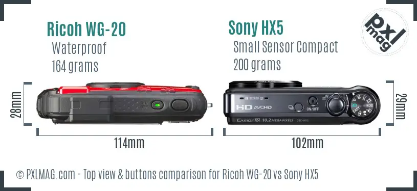 Ricoh WG-20 vs Sony HX5 top view buttons comparison