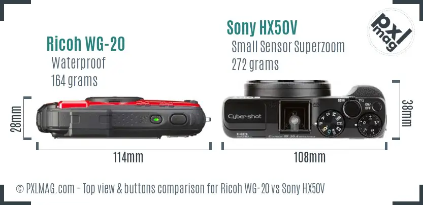 Ricoh WG-20 vs Sony HX50V top view buttons comparison Ricoh WG-20 vs Sony HX50V top view buttons comparison