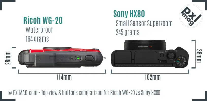 Ricoh WG-20 vs Sony HX80 top view buttons comparison Ricoh WG-20 vs Sony HX80 top view buttons comparison