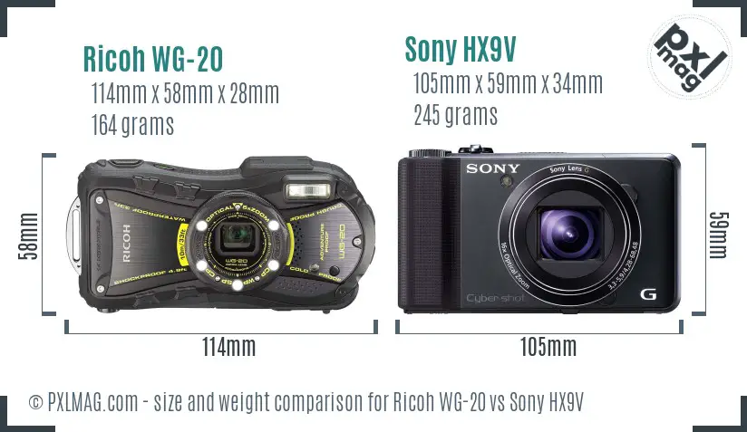 Ricoh WG-20 vs Sony HX9V size comparison