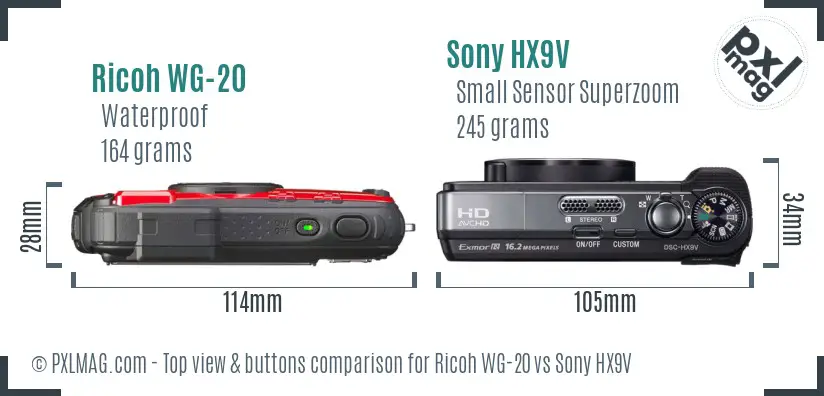 Ricoh WG-20 vs Sony HX9V top view buttons comparison