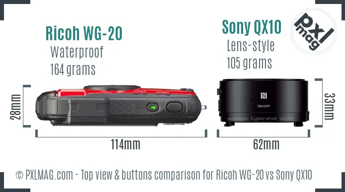 Ricoh WG-20 vs Sony QX10 top view buttons comparison