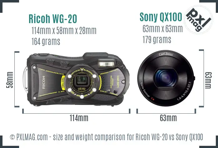 Ricoh WG-20 vs Sony QX100 size comparison