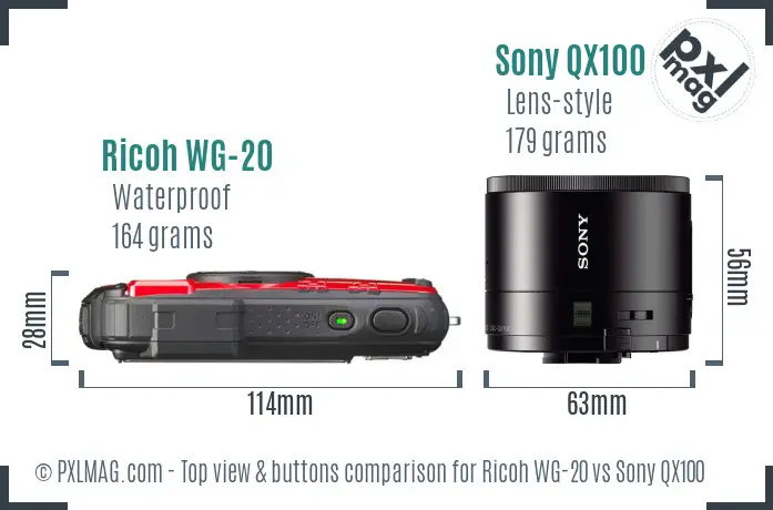 Ricoh WG-20 vs Sony QX100 top view buttons comparison
