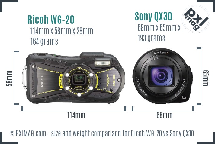 Ricoh WG-20 vs Sony QX30 size comparison