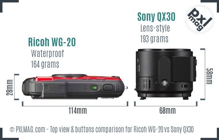 Ricoh WG-20 vs Sony QX30 top view buttons comparison