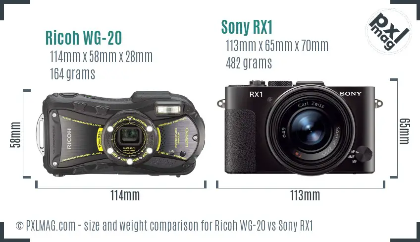 Ricoh WG-20 vs Sony RX1 size comparison