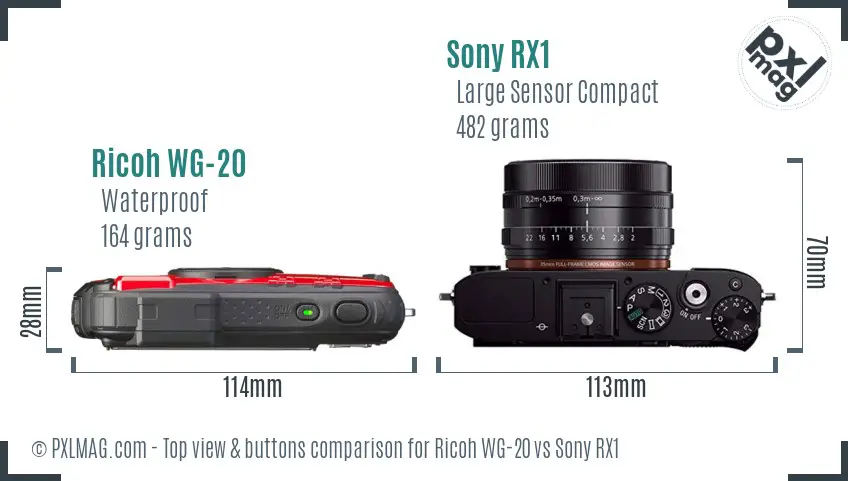 Ricoh WG-20 vs Sony RX1 top view buttons comparison