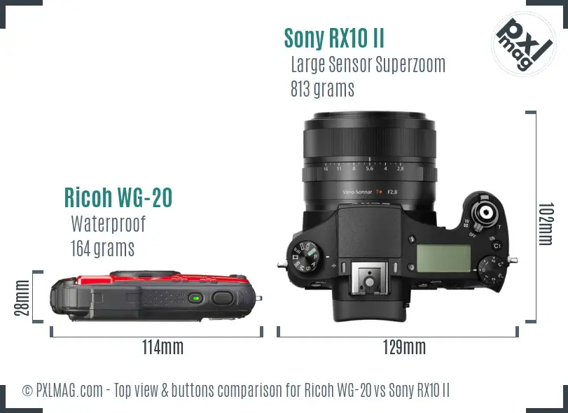 Ricoh WG-20 vs Sony RX10 II top view buttons comparison Ricoh WG-20 vs Sony RX10 II top view buttons comparison