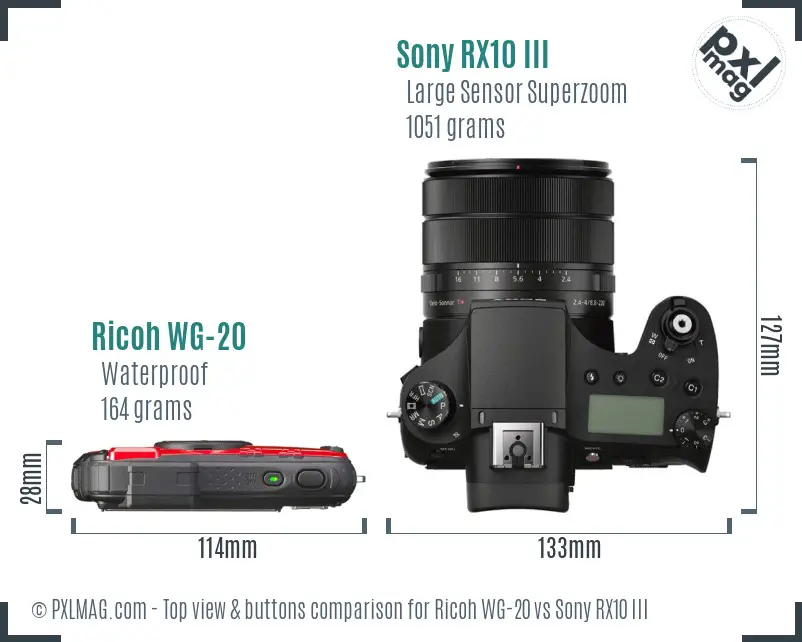 Ricoh WG-20 vs Sony RX10 III top view buttons comparison Ricoh WG-20 vs Sony RX10 III top view buttons comparison