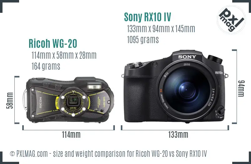 Ricoh WG-20 vs Sony RX10 IV size comparison