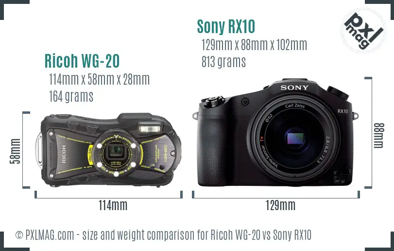 Ricoh WG-20 vs Sony RX10 size comparison