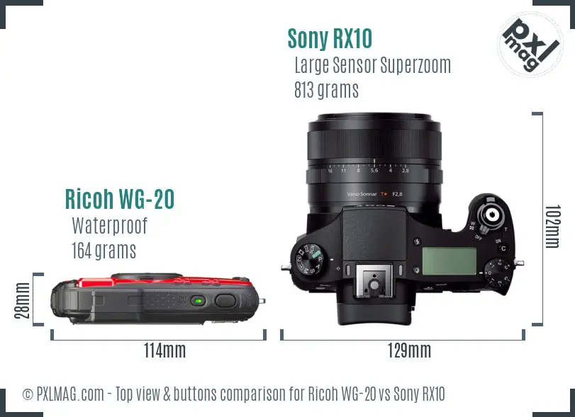 Ricoh WG-20 vs Sony RX10 top view buttons comparison