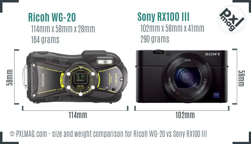 Ricoh WG-20 vs Sony RX100 III size comparison