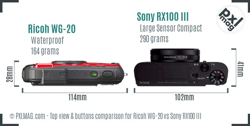 Ricoh WG-20 vs Sony RX100 III top view buttons comparison