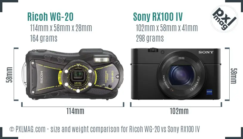 Ricoh WG-20 vs Sony RX100 IV size comparison