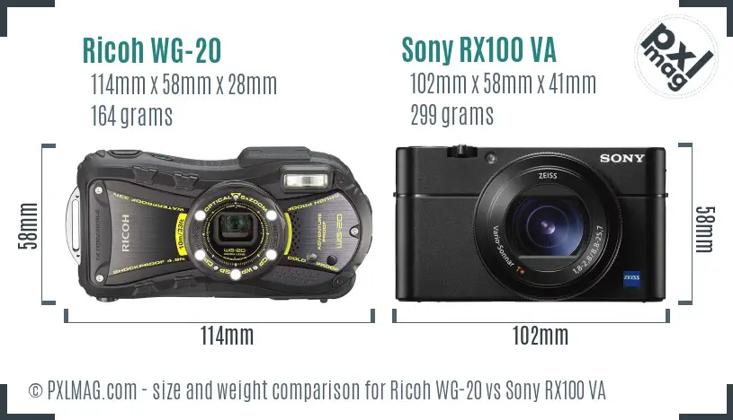 Ricoh WG-20 vs Sony RX100 VA size comparison