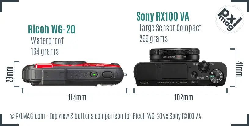 Ricoh WG-20 vs Sony RX100 VA top view buttons comparison