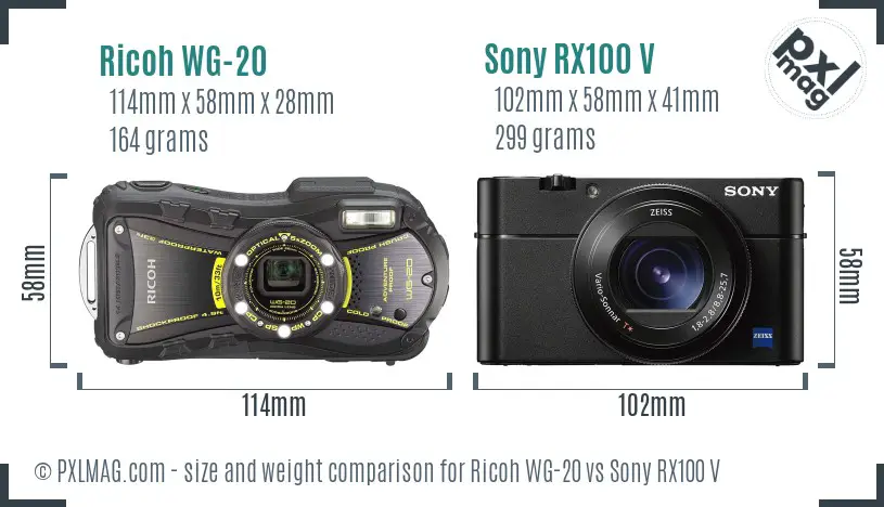 Ricoh WG-20 vs Sony RX100 V size comparison