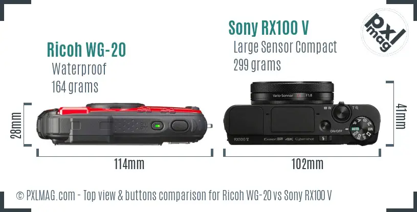 Ricoh WG-20 vs Sony RX100 V top view buttons comparison