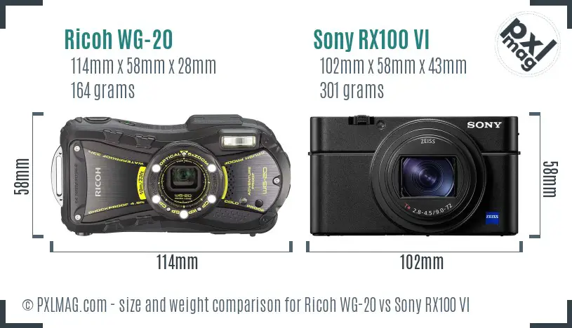 Ricoh WG-20 vs Sony RX100 VI size comparison