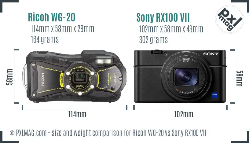 Ricoh WG-20 vs Sony RX100 VII size comparison