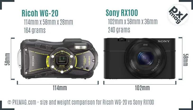 Ricoh WG-20 vs Sony RX100 size comparison