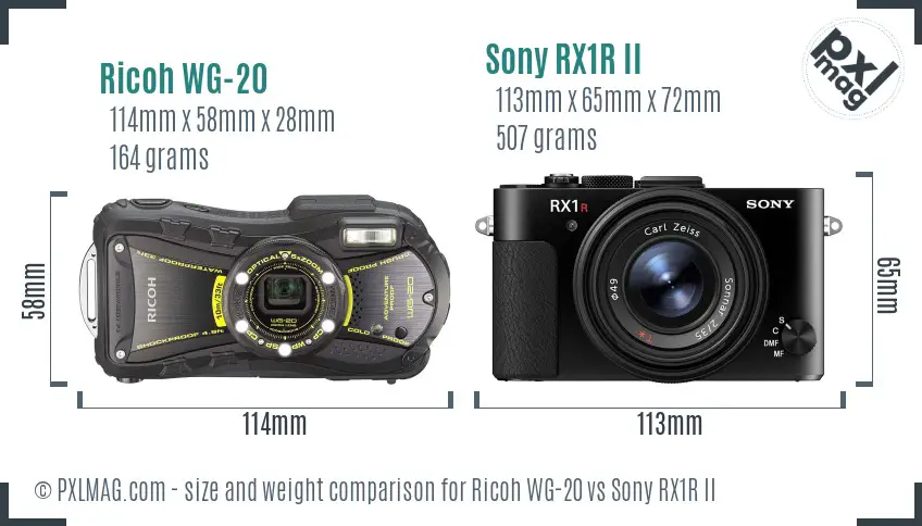 Ricoh WG-20 vs Sony RX1R II size comparison