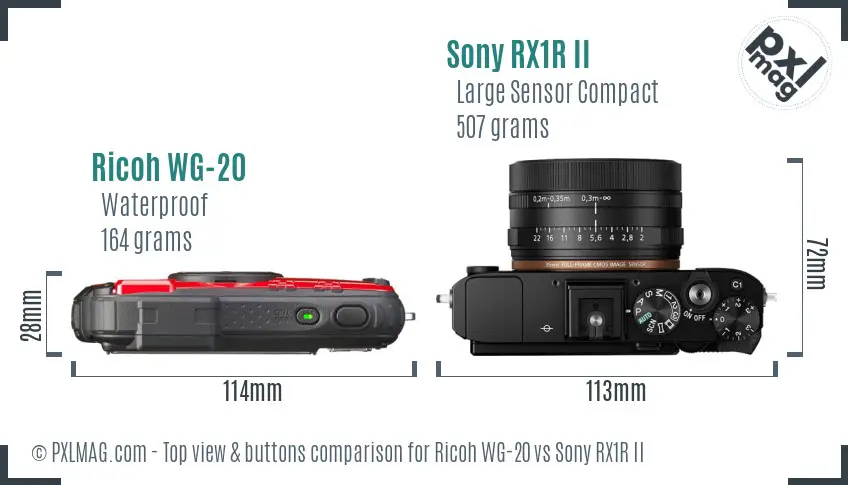 Ricoh WG-20 vs Sony RX1R II top view buttons comparison