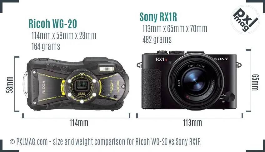 Ricoh WG-20 vs Sony RX1R size comparison