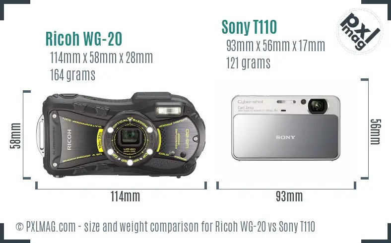 Ricoh WG-20 vs Sony T110 size comparison