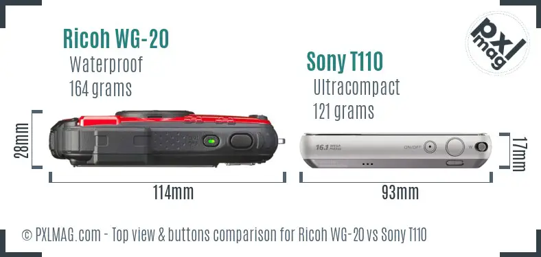 Ricoh WG-20 vs Sony T110 top view buttons comparison